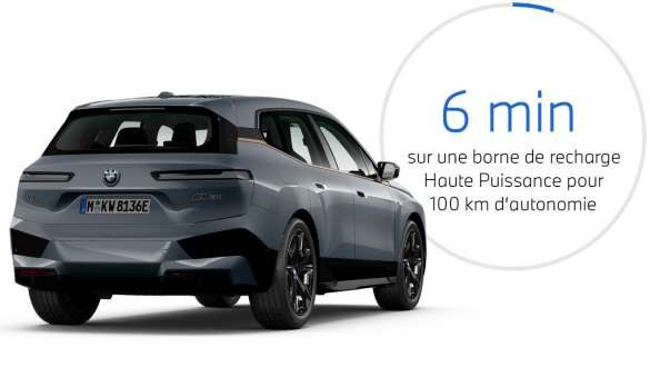 BMW iX M60 i20 2022 SUV électrique BMW Individual Storm Bay metallic, vue de trois quarts arrière avec graphique des temps de recharge