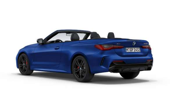 Vue de trois quarts de profil de la BMW M440i xDrive Cabriolet G23 2020 BMW M440i xDrive Cabriolet BMW Individual Frozen Portimao Blau metallic G23 2020, vue de trois quarts de prrofil