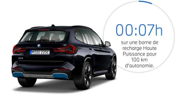 SUV électrique BMW iX3 G08 2021 – vue de trois quart arrière avec représentation graphique de la durée de charge