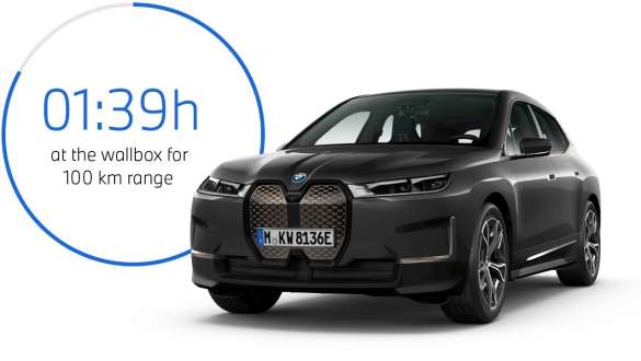 BMW iX i20 2021, SUV électrique BMW iX xDrive50 couleur Aventurinrot – vue de trois quarts face avec représentation graphique de la durée de charge