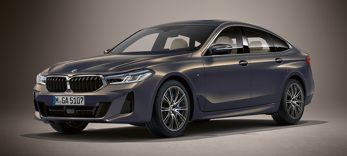 Teinte extérieure BMW Individual Alvitgrau metallic de la BMW Série 6 Gran Turismo G32 2020 Teinte extérieure BMW Individual Alvitgrau metallic de la BMW Série 6 Gran Turismo G32 2020, vue de trois quarts avant à l'arrêt