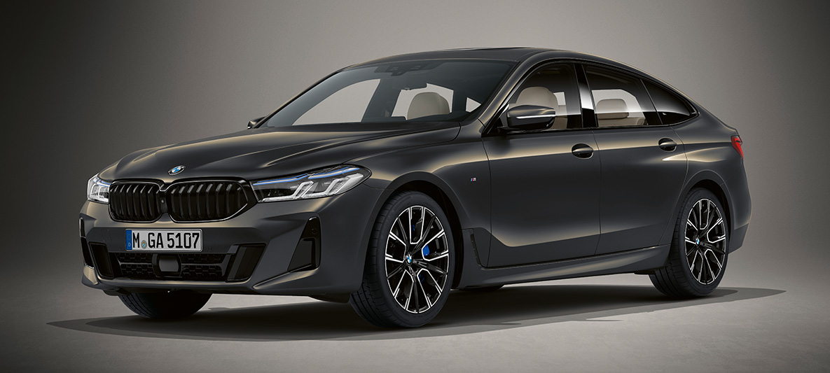 Teinte extérieure BMW Individual Dravitgrau metallic de la BMW Série 6 Gran Turismo G32 2020 Teinte BMW Individual Dravitgrau metallic de la BMW Série 6 Gran Turismo G32 2020, vue de trois quarts avant à l'arrêt