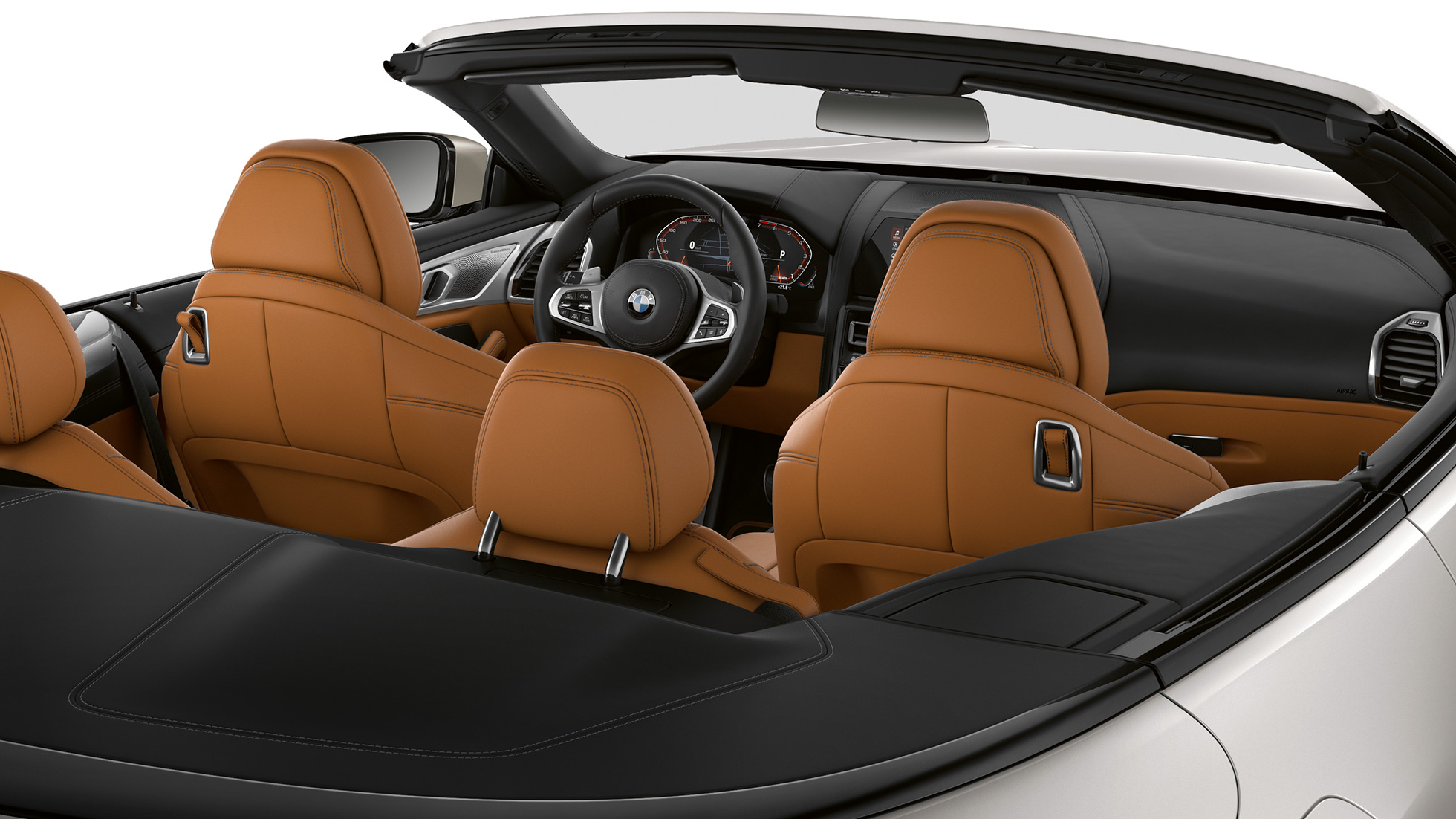 BMW M850i xDrive, intérieur avec capote en tissu ouverte. BMW M850i xDrive, intérieur avec capote en tissu ouverte.