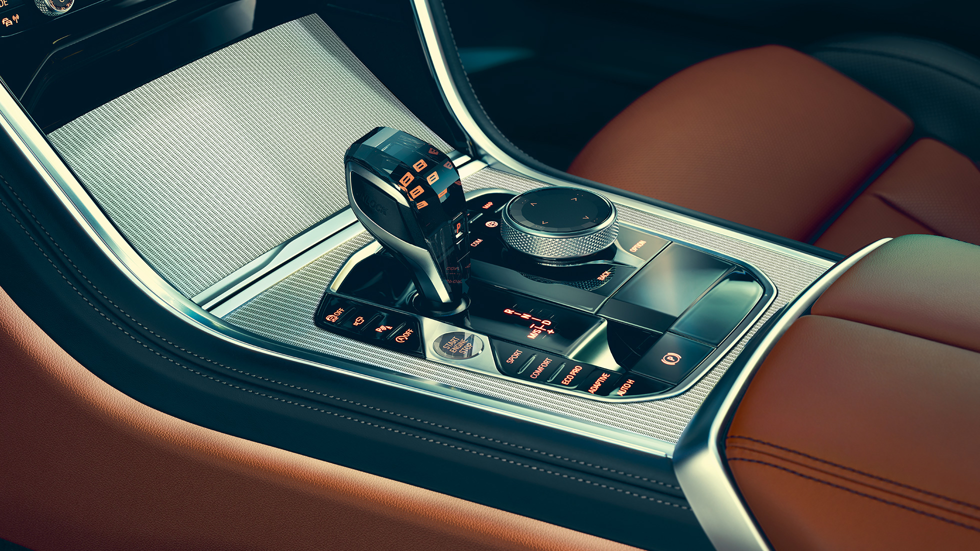 BMW Série 8 Coupé, intérieur. Intérieur de la BMW Série 8 Coupé, vue en gros plan du sélecteur de vitesses.