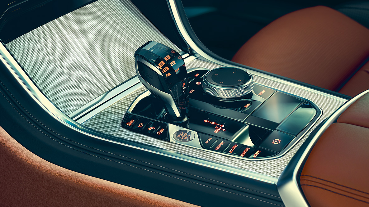 BMW Série 8 Coupé, console centrale. Détail : l'habitacle de la BMW Série 8 Coupé, mise en évidence de la console centrale.