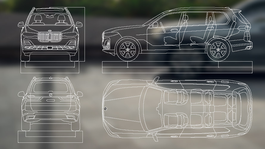  Dessins cotés avant profil arrière en plan BMW X7 G07 LCI