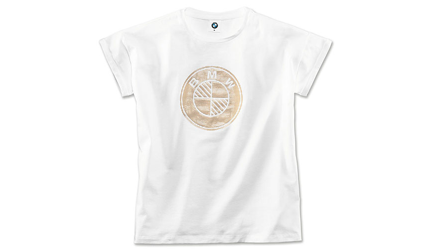 T-shirt logo BMW, femme. L’image présente le t-shirt BMW avec logo pour femme.